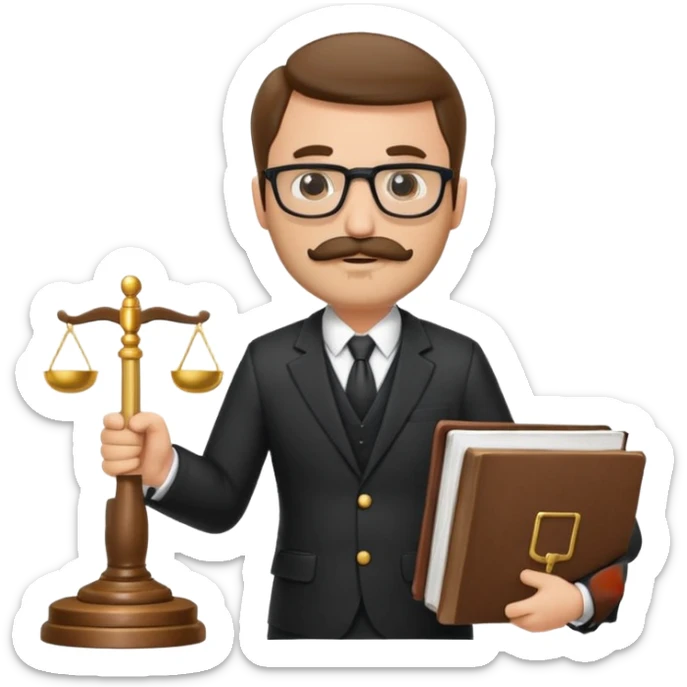 “Create a clean, modern emoji-style illustration of a male lawyer. He is wearing a formal suit jacket. He is holding a judge’s gavel (QUE SE VE DE COSTADO) in one hand and has a law book tucked under his arm. He has a mustache and beard (BARBA)!, and GLASSES sticker