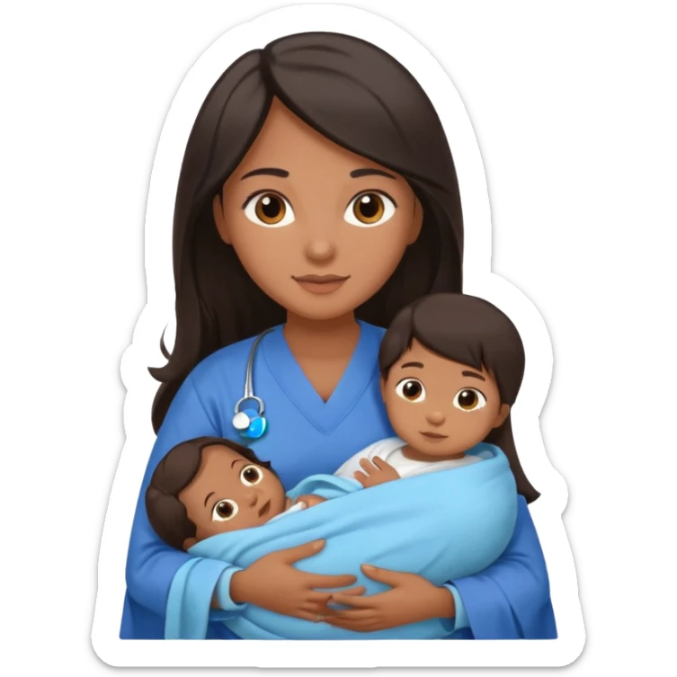 Female nurse with long dark hair with medium brown skin and brown eyes holding a baby sticker