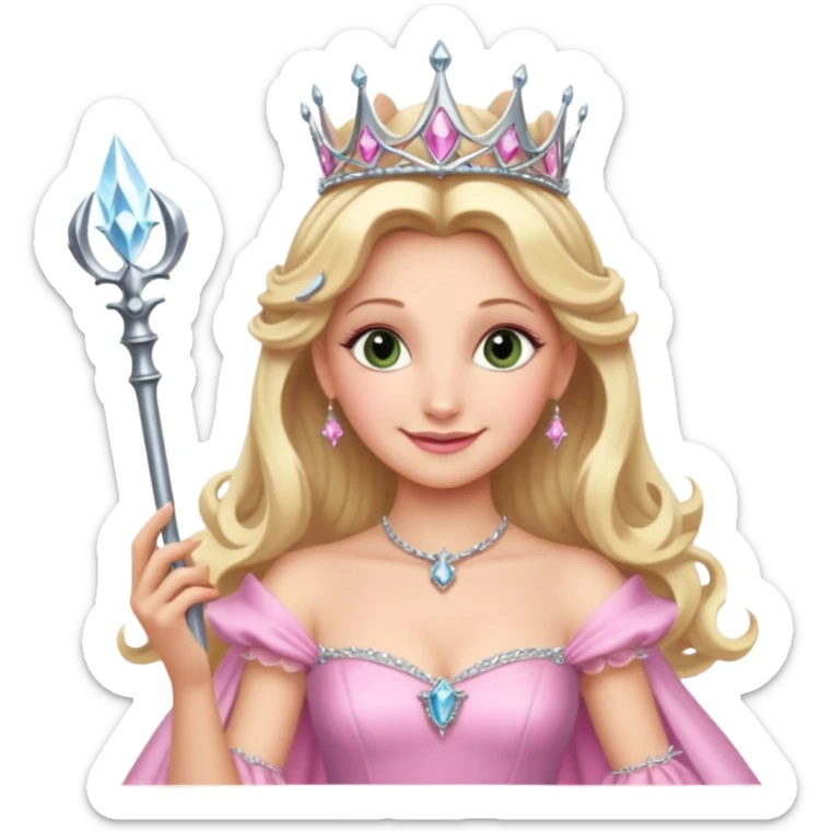 glinda the good witch from wicked movie, blonde hair, beautiful, big silver thin tiara, wand, pink gown sticker