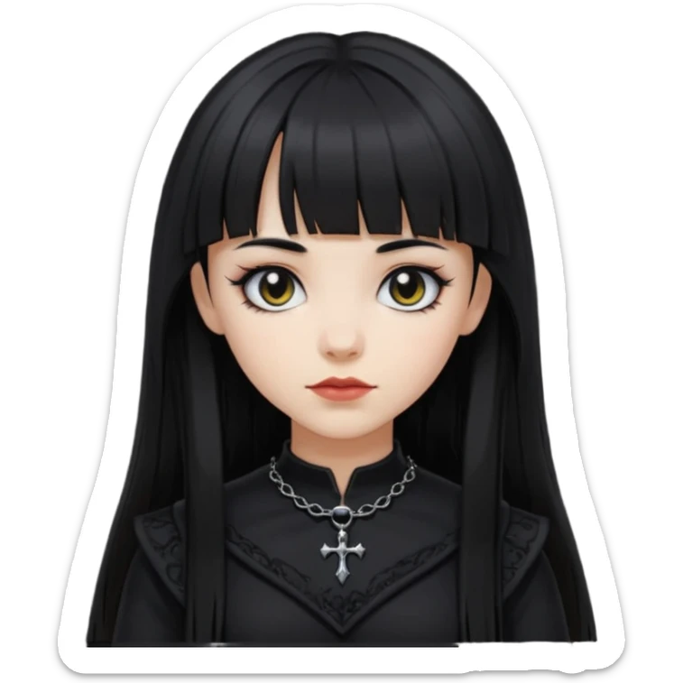 generate an image of a girl with long black hair, caucasian and wearing gothic black clothes. Her bangs is very short sticker