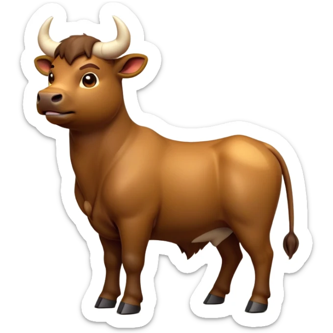 cinematic-[brown bull]-realistic-full-body-standing-emoji,-tail-flicking-lazily,-head-tilted-dramatically,-sleek-[brown]-fur,-simplified-yet-realistic-focused-features,-highly-detailed,-glowing-with-an-almost-sarcastic-glow sticker