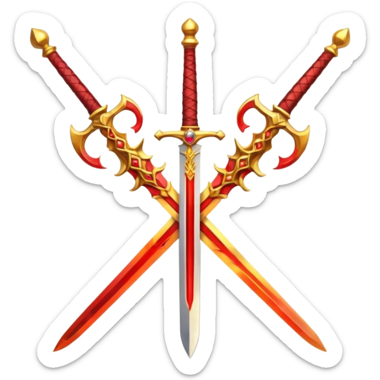 Two crossed swords that are golden in blade and handle and have fiery and royal appearence to them as well as red gem stones yellow in color sticker