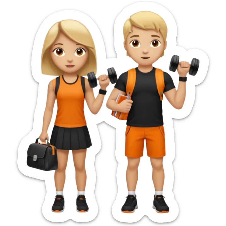 light skin students girl and boy with school bag full of books on hand and dumbell in other hand. Clothes are in black and orange colours. They are going to the gym. They have brown and blonde hair. Dumbell is visible in hand. They are teaching about sport sticker