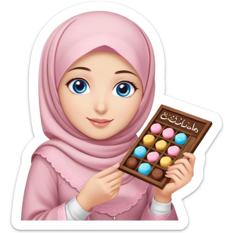 Turkish beautiful finish Konya girl blue eyes with powder pink brown hijab islamic dress and had on her hand text Eid Mubarak with sweets and celebrating with her friends eid days   sticker