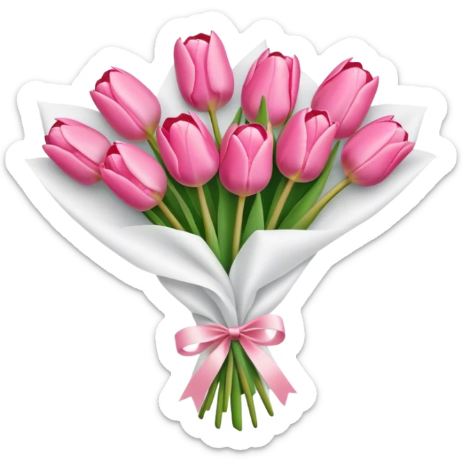 Bouquet of pink tulip wrapped in white paper sticker