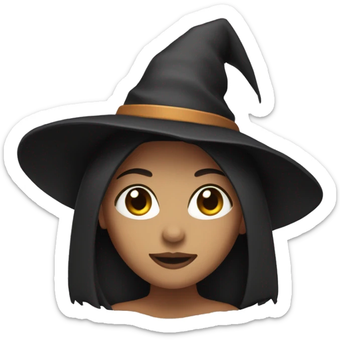 Woman with dark straight hair, hazel eyes, light skin and a witch hat sticker