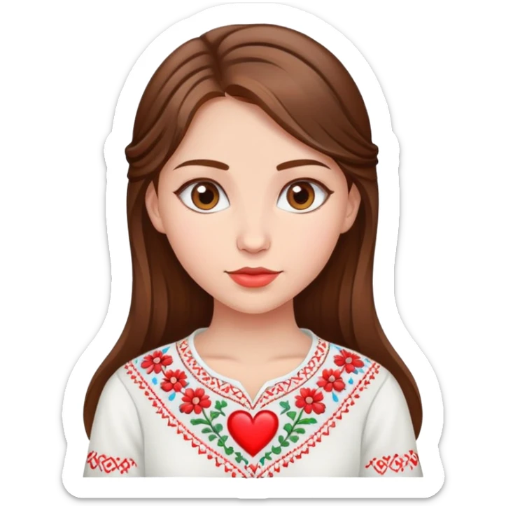 beautiful young girl with brown hair wearing a white Ukrainian embroidered shirt with a big heart design sticker