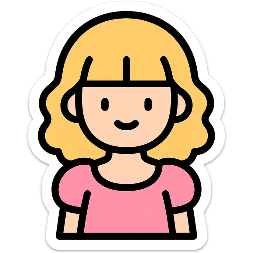 Blonde, pale girl with bangs and curly hair and a pastel pink puff sleeve dress sticker