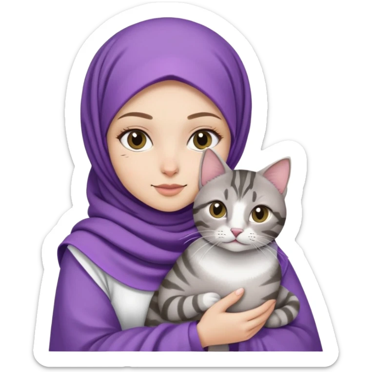 White girl wearing purple hijab with white dress holding a black and grey tabby cat sticker