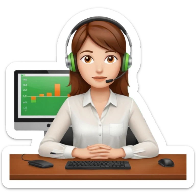 a woman, brown hair, middle european, sitting in the office, wearing a blouse and a headset. she is controling the limits on screen. green = ok, orange = am Limit, rot = überschritten sticker