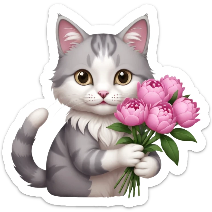 Cute cat Handing pink peonies like reaching a hand and handing them out a bouquet of them not a physical hand the cats hand  make the cat fluffy and grey and white fluffier make the cat wear a pink coquette make her wear a pink coquette make the peonies open and in boquette sticker