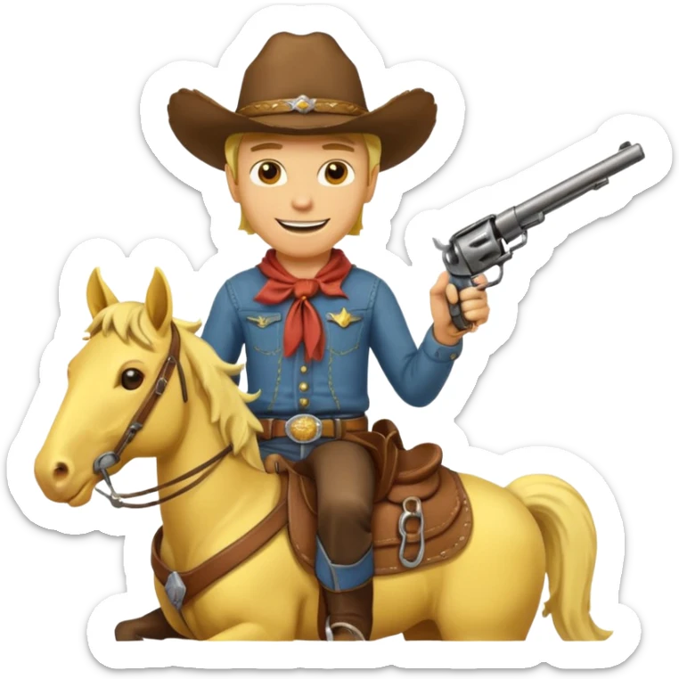 Cowboy riding a horse with revolver. Cowboy With yellow skin and smilling. Simplize it and I need a full pic with horse. Like I need the leg part too sticker