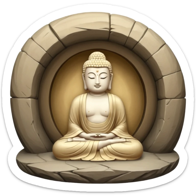 symbolic emoji of Seokguram, round stone cave with seated Buddha statue inside, stone serene atmosphere, expressing sacredness of Korean Buddhism sticker