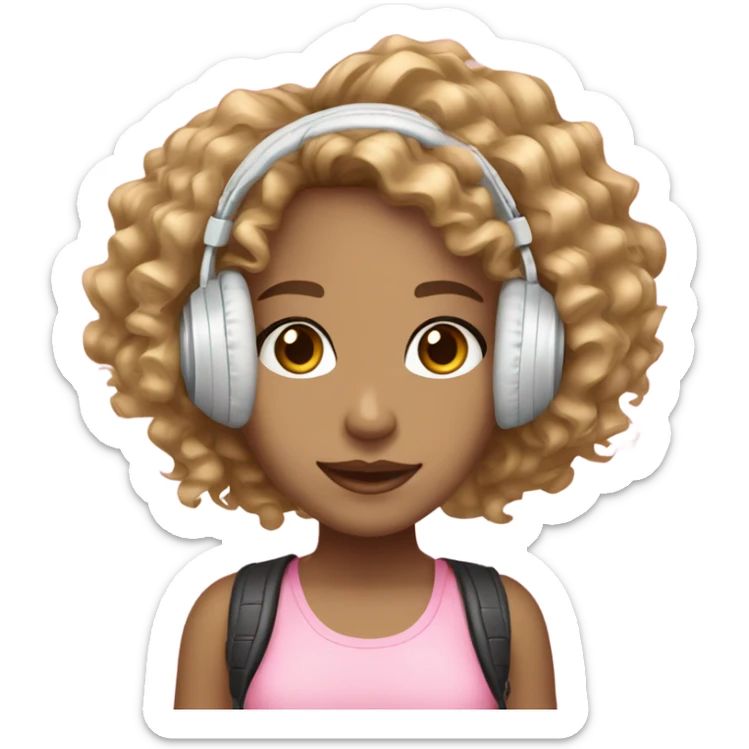 light skin girl with curly brown & blond hair with brown eyes long lashes wearing pink beat headphones sticker