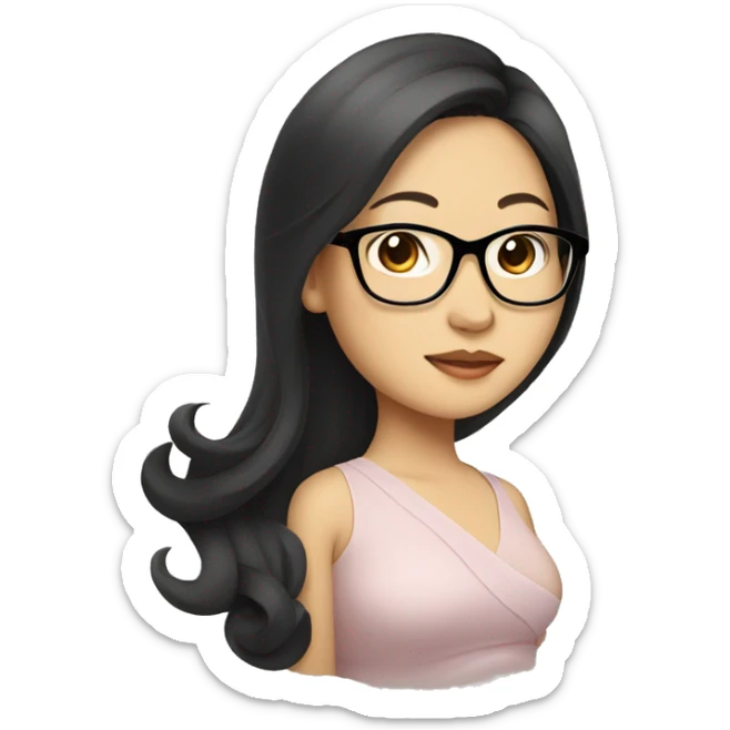 Pregnant asian woman in elegant dress and glasses and shoulder length hair sticker