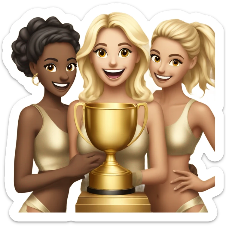 Six beautiful and stylish blonde and Latina models celebrating with 1 huge gold trophy sticker