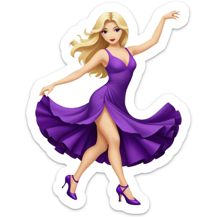 long blonde hair, dancing a tango in a purple dress and purple heels  sticker