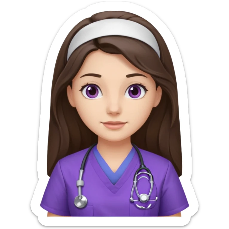 pretty brunette nurse with long hair in purple scrubs sticker