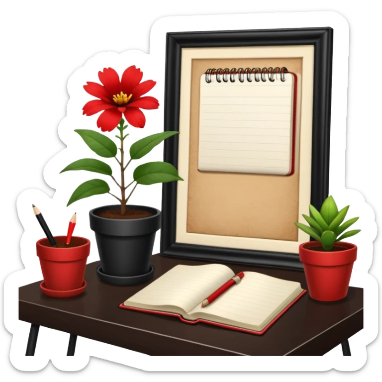 Cartel en español que diga F U E R A    D E    O F I C I N A y detrás un escritorio moderno, con una notebook, una agenda y una planta con una flor sticker