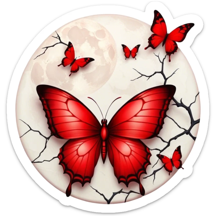  Blood red moon, crimson butterflies with cracked porcelain red wings in gothic style sticker