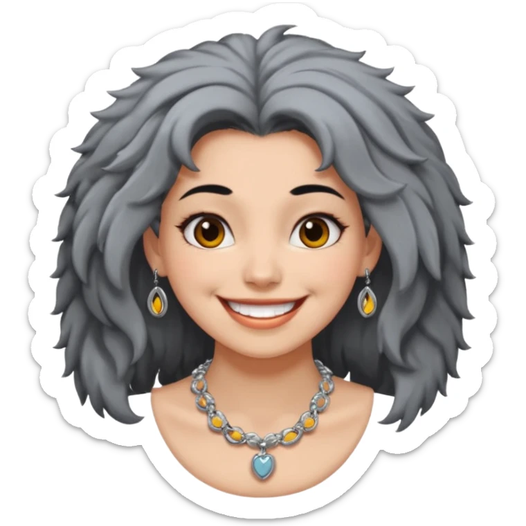 Female with very big Silver Necklace, grey skin,Black full fuzzy hair, more bright silver,highlight necklace, different expressions. sticker