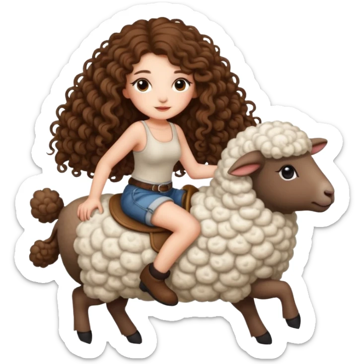 cute woman long curly brown hair tattoos riding fluffy sheep sticker