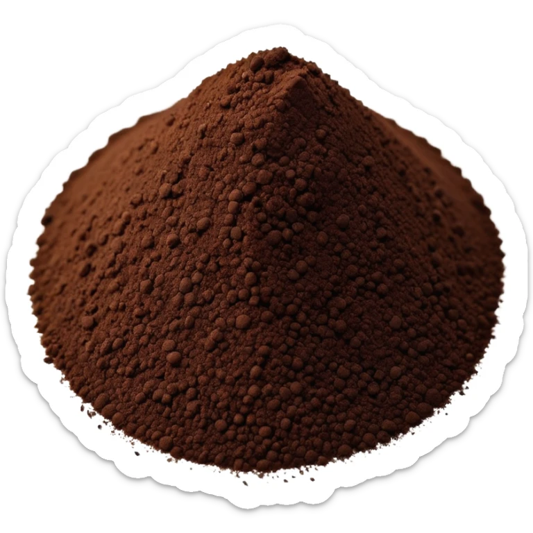 small mound or loose scatter of fine, dark brown to nearly black vanilla powder with a soft, matte texture, tiny granules evenly spread, rich aromatic quality, soft lighting, subtle shadows, emoji scale sticker