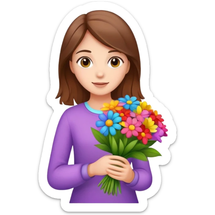 brown-haired girl holding a colorful bouquet of flowers sticker
