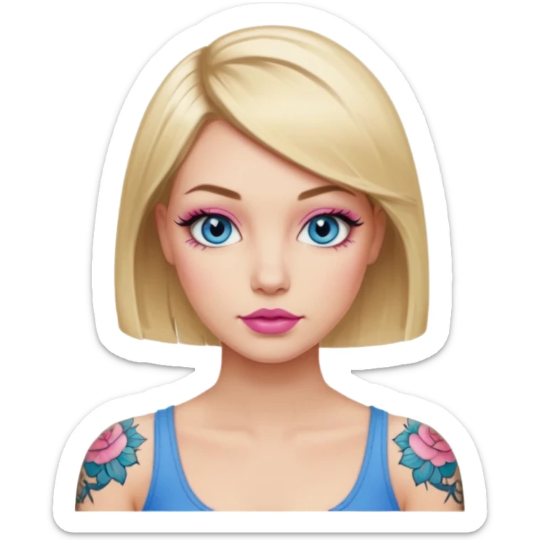 Woman, Blonde hair Medium blunt bob, blue eyes with doe lashes, pink lips, tattoo on arms sticker