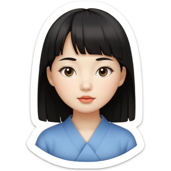 Clean Korean illustration-style emoji portrait of a young Korean woman, front-facing.
Smooth porcelain skin, soft shading, large round eyes, calm neutral expression.
Straight black bangs, black hair tied back, small nose and lips.
Round oval face, soft jawline.

 sticker