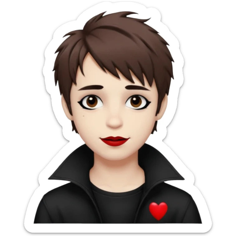 Happy pale Goth boy with shaggy brown hair, and messy black eyeliner , smudged, red, lipstick  sticker