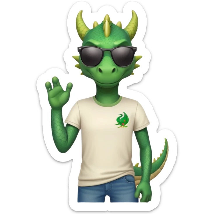 friendly anthropomorphised green dragon in a sports t-shirt and jeans with dark sunglasses, relaxed pose sticker