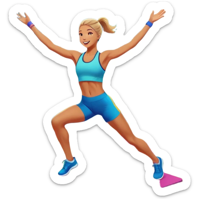 An energetic person performing an aerobics workout in a brightly lit gym, jumping and stretching with enthusiasm. The scene includes vibrant fitness equipment like dumbbells and exercise mats, with a background of cheerful, motivating colors, conveying energy and movement. sticker