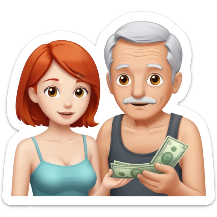 Kind elderly grandfather with gray hair giving money to a, pretty, tube top, red head young woman who needs financial help,  sticker