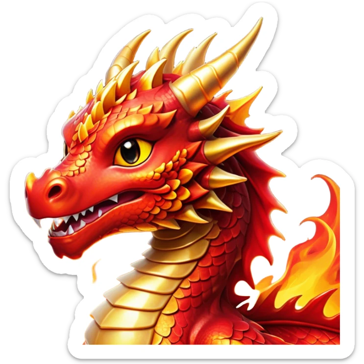 Cinematic Cute Fierce Fire Dragon Portrait Emoji, Head tilted playfully and inquisitively, showcasing a robust, flame-embellished form with intricately detailed scales in vibrant reds and glistening golds, accented by flickering ember highlights and a warm, inviting glow; rendered with lifelike detail and radiant natural light, high shine, spirited yet endearing, styled with a touch of blazing whimsy, soft glowing outline, capturing the essence of a mischievous yet charming inferno that seems ready to dance with playful fire! sticker