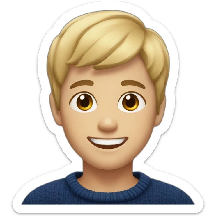 young blonde boy with short hair and dark blue sweater smiling with brown eyes sticker