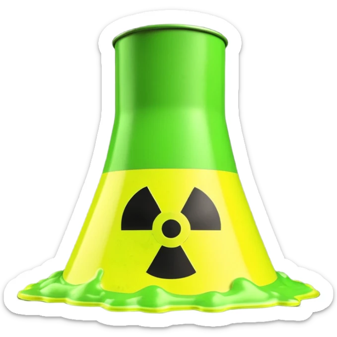 3D render of Nuclear Smokestack, toxic waste aesthetic, neon green bubbling liquid, caution yellow metal, industrial warning texture. sticker