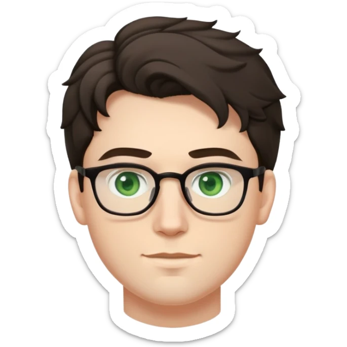 young man with pale skin, larger face, dark tall voluminous slightly wavy hair styled up high on head but not curly, wearing glasses with green eyes and very light stubble, with a slight smile sticker