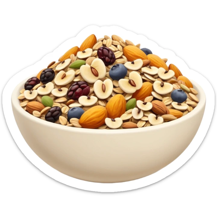 apple style emoji loose pile of muesli, visible oats, dried fruits, nuts, seeds, natural colors, 3D clean minimal soft shadows, no anthropomorphic elements, no milk, no yogurt, no spoon, transparent background, emoji scale sticker