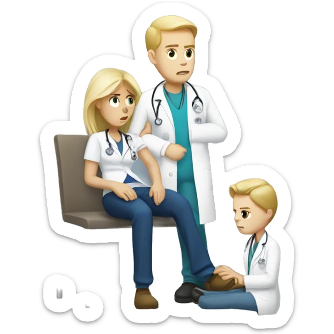 Scared white male patient with a blonde female doctor examining his foot sticker