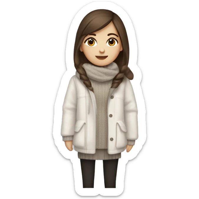 white girl with straight brown hair and black eyes wearing a white and brown winter outfit sticker