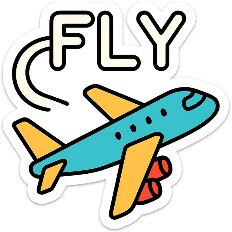airplane at cruising altitude with FLY written in contrail, color outline icon style sticker
