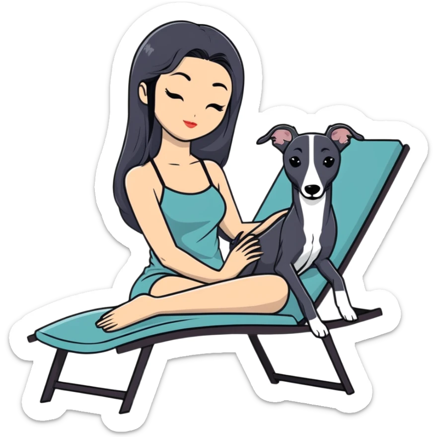 Very thin Chinese woman with long black hair relaxing on a spa lounger with exactly ONE whippet dog. CRITICAL REQUIREMENT: the whippet must be ONE SOLID VERY DARK CHARCOAL GREY (almost black-grey) COLOR from nose to tail with NO WHITE or LIGHT AREAS anywhere - NO white face, NO white muzzle, NO white chest, NO white paws, NO white tail tip - NOTHING BUT A SINGLE SHADE OF VERY DARK GREY throughout the entire animal sticker