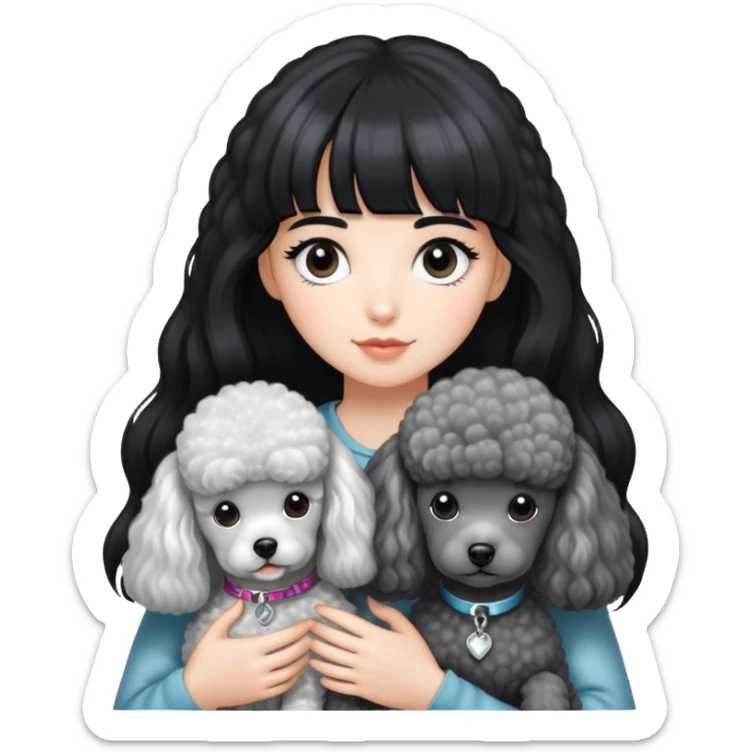 A girl with long black hair and airy bangs, fair skin, holding a silver-gray poodle with white fur on its chest. The poodle has a round head with its ears hidden within its fur. sticker