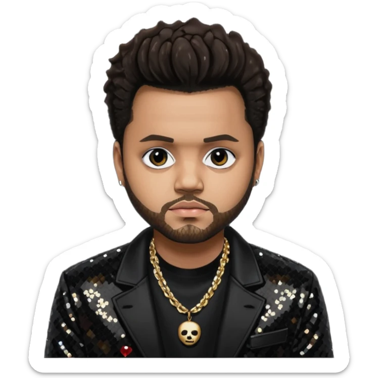 The Weeknd with black sequin jacket, black shirt with necklace, dark brown hair sticker