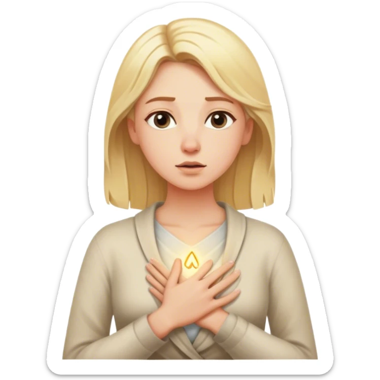 a blonde woman in a 2 crossroads places a hand on their chest, taking a deep breath before choosing the light path, symbolizing their decision to respond instead of react with peace. light sticker