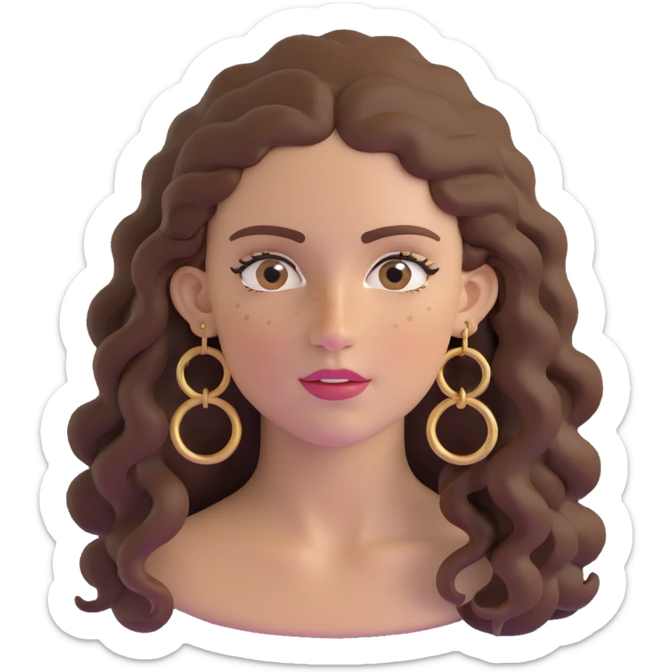 Attractive Greek woman with a wide face, freckles, long curly brown hair and gold hoop earrings sticker