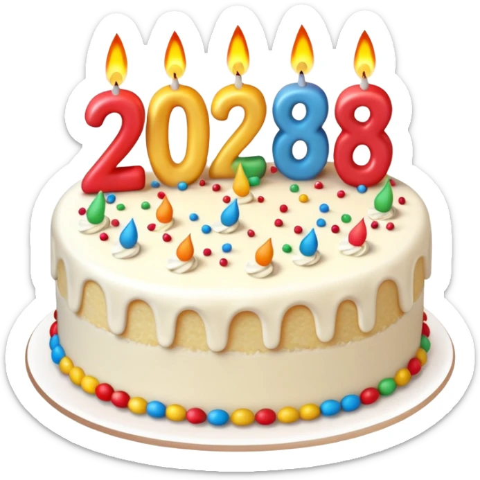 A festive New Year cake with lit candles shaped as the number 2026,
warm lighting, celebratory atmosphere,
soft background, high quality, clean composition sticker