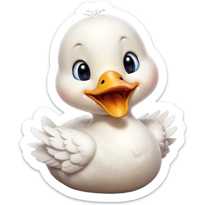 Cinematic Cute Yawning White Duck Portrait Emoji, Head tilted slightly with a dramatic, wide-open yawn, showcasing a soft, downy white plumage with gently drooping wings, round eyes barely open in drowsy contentment, Simplified yet irresistibly adorable features, highly detailed, glowing with a soft, cozy glow, high shine, relaxed yet expressive, stylized with a touch of whimsy, bright and endearing, soft glowing outline, capturing the essence of a sleepy yet affectionate duck, so drowsy it feels like it could float out of the screen and curl up for a nap! sticker