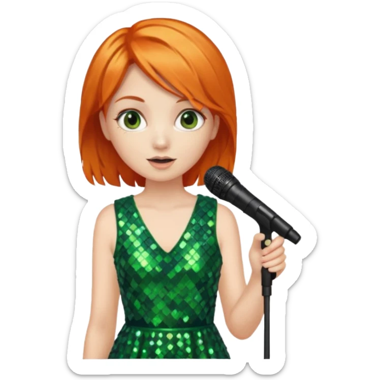 girl in green blink dress, orange hair, holding a mic



















 sticker